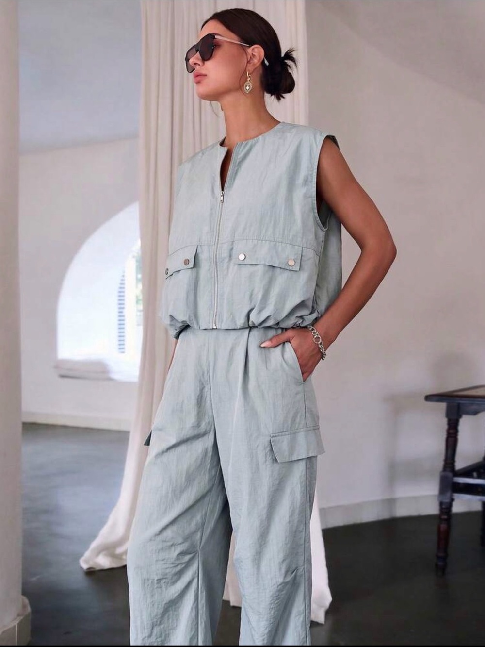 Sleeveless Utility 2 Piece set in Light Blue-Gray.